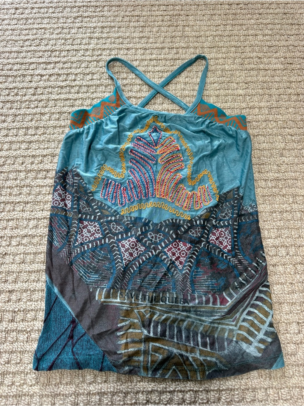 Save The Queen Vintage Multicolor Embroidery y2k Criss Cross Back Tank Top